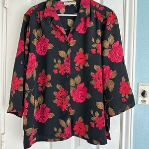 vintage Donnkenny women's black red gold floral button-up blouse size XL